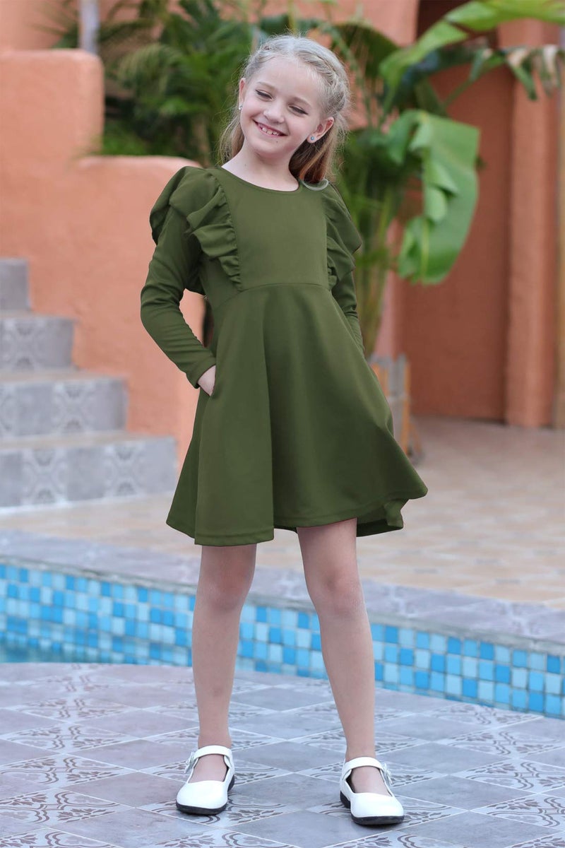 GORLYA Girl's Long Sleeve Ruffle Trim A-Line Swing Flared Skater Party Dress with Pockets for 8 Years Kids (GOR1019, 7-8Y, Olive) - Image 4